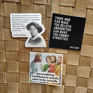 Leftist quote stickers Emma Goldman Voltaire French philosophy socialist Jesus Christian leftists progressive Catholic universal healthcare