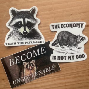 May include: Three stickers featuring raccoon illustrations. One sticker reads "Trash the Patriarchy." Another shows a raccoon and says "The Economy Is Not My God." The third sticker says "Become Ungovernable."
