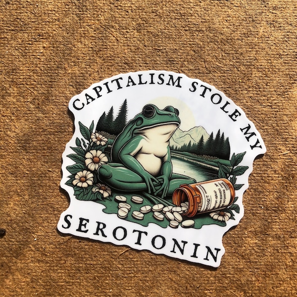 Funny Depression leftist frog antidepressants serotonin cottagecore wildflowers vinyl sticker