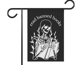 Read Banned Books Dark Academia Queer Pride Reading Library Goth Skeleton Progressive Politics Yard Sign Garden Flag