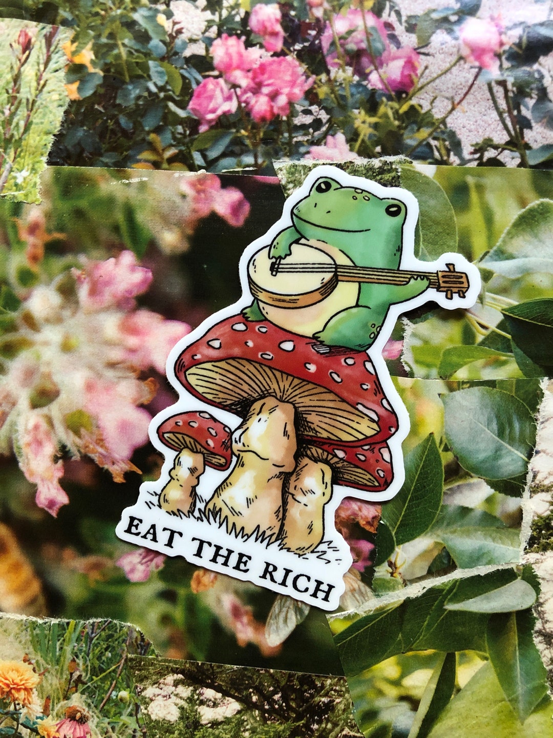 Cottagecore Eat the Rich Funny Banjo frog mushroom socialist Leftist Vinyl Sticker