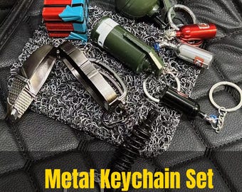 Metal Miniature Keychain Set | Industrial Style Key Rings | Unique Collectible Keychain Accessories
