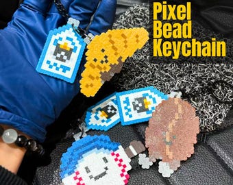 Handgemaakte sleutelhanger met pixelkralen – schattige perlerkraal bedel cadeau, kawaii kraal kunst tasbedel, autohanger, op snoep en gebak geïnspireerde accessoires