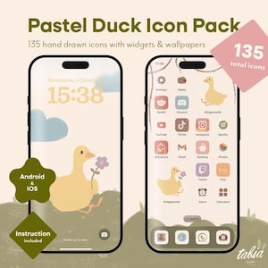 Cute Pastel Duck Icon Pack | Phone Theme | Wallpapers & Widgets | IOS and Android | Kawaii | Hand drawn | Tabia Studio