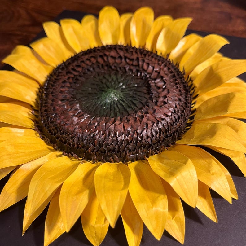 Peut inclure: Un tournesol artisanal avec des p&eacute;tales jaune vif et un centre brun fonc&eacute;. Le centre du tournesol a un aspect textur&eacute;, avec un centre vert fonc&eacute;. Les p&eacute;tales sont superpos&eacute;s, cr&eacute;ant un effet complet et dimensionnel. Le tournesol est un objet d&eacute;coratif.