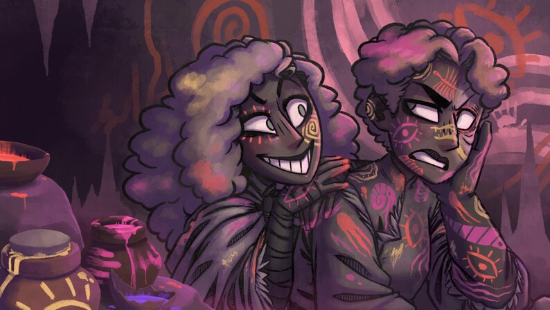 Puede incluir: Ilustraci&oacute;n de dos figuras con marcas tribales y pintura corporal colorida. Las figuras est&aacute;n en un entorno similar a una cueva con botes de pintura. La obra de arte tiene un tema de fantas&iacute;a con una paleta de colores oscuros.