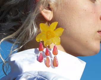 Daffodil Tears Chandelier Earrings // Real Daffodil Zinnia Petals // Pressed Flower Jewelry