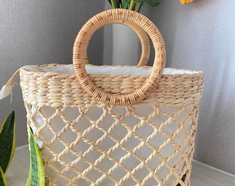 Rattantasche | in handgefertigtem Strohsack | halbrunde Handtasche | Wilde Hyazinthe handgewebte Tasche | Einkaufstasche | Einkaufskorb