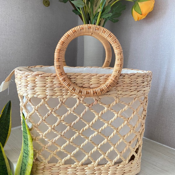 Rattan bag | ins handmade straw bag | semi-circular handbag | Wild Hyacinth hand-woven bag | shopping bag | shopping basket