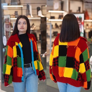 Cardigan Patchwork Hand Knitted Oversized Gift for her him