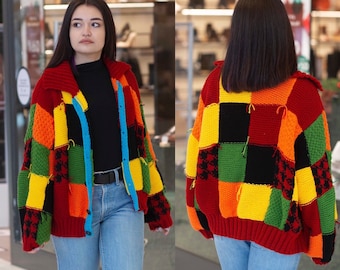 Cardigan Patchwork tejido a mano regalo de gran tamaño para ella él