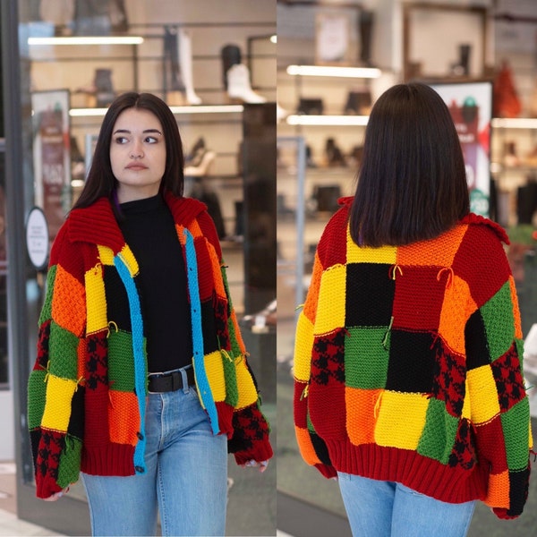 Strickjacke Patchwork Hand gestrickt Oversized Geschenk für Sie Ihn