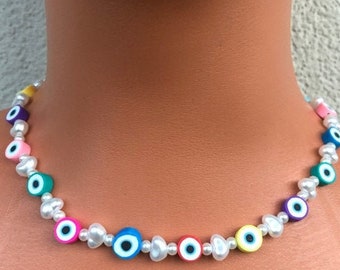 Evil Eye Pearl Necklace Charm Beaded Necklace Evil Eye Strap Gift for Birthday Gift for Her