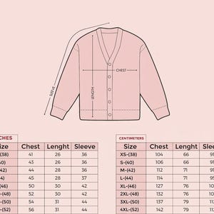 May include: A light pink line drawing of a V-neck cardigan with buttons, accompanied by a sizing chart displaying measurements in inches and centimeters for sizes XS through 4XL, detailing chest, length, and sleeve dimensions for each size.