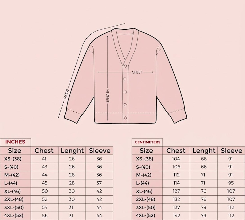 May include: A light pink line drawing of a V-neck cardigan with buttons, accompanied by a sizing chart displaying measurements in inches and centimeters for sizes XS through 4XL, detailing chest, length, and sleeve dimensions for each size.
