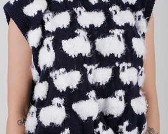 Sheep Sweater Vest Retro Birthday Gift for him her Hand Knitted Sleeveless Women