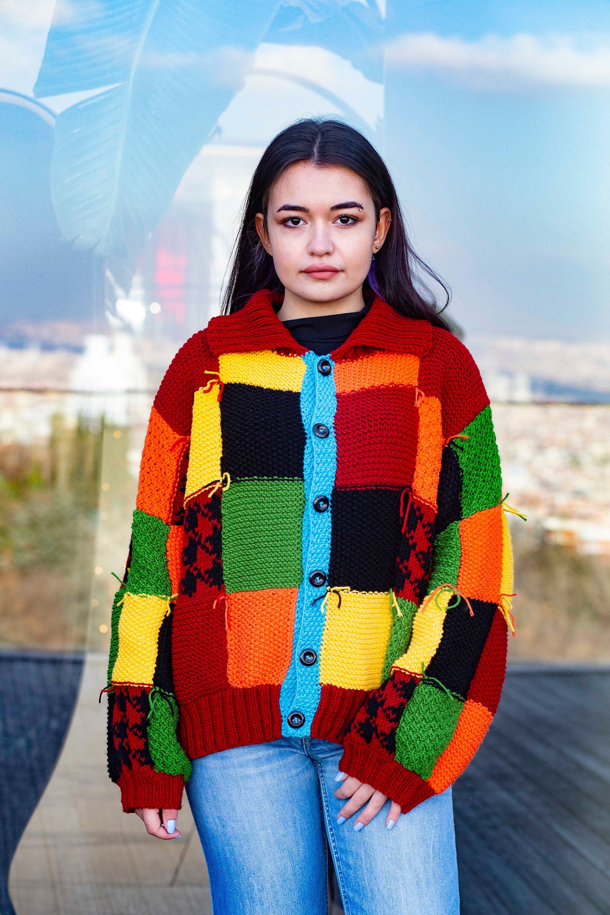 L ダンケシェーン PATCHWORK KNIT CARDIGAN DankeSchon/ダンケシェーン/DAMEGE PIGMENT KNIT CARDIGAN(Free