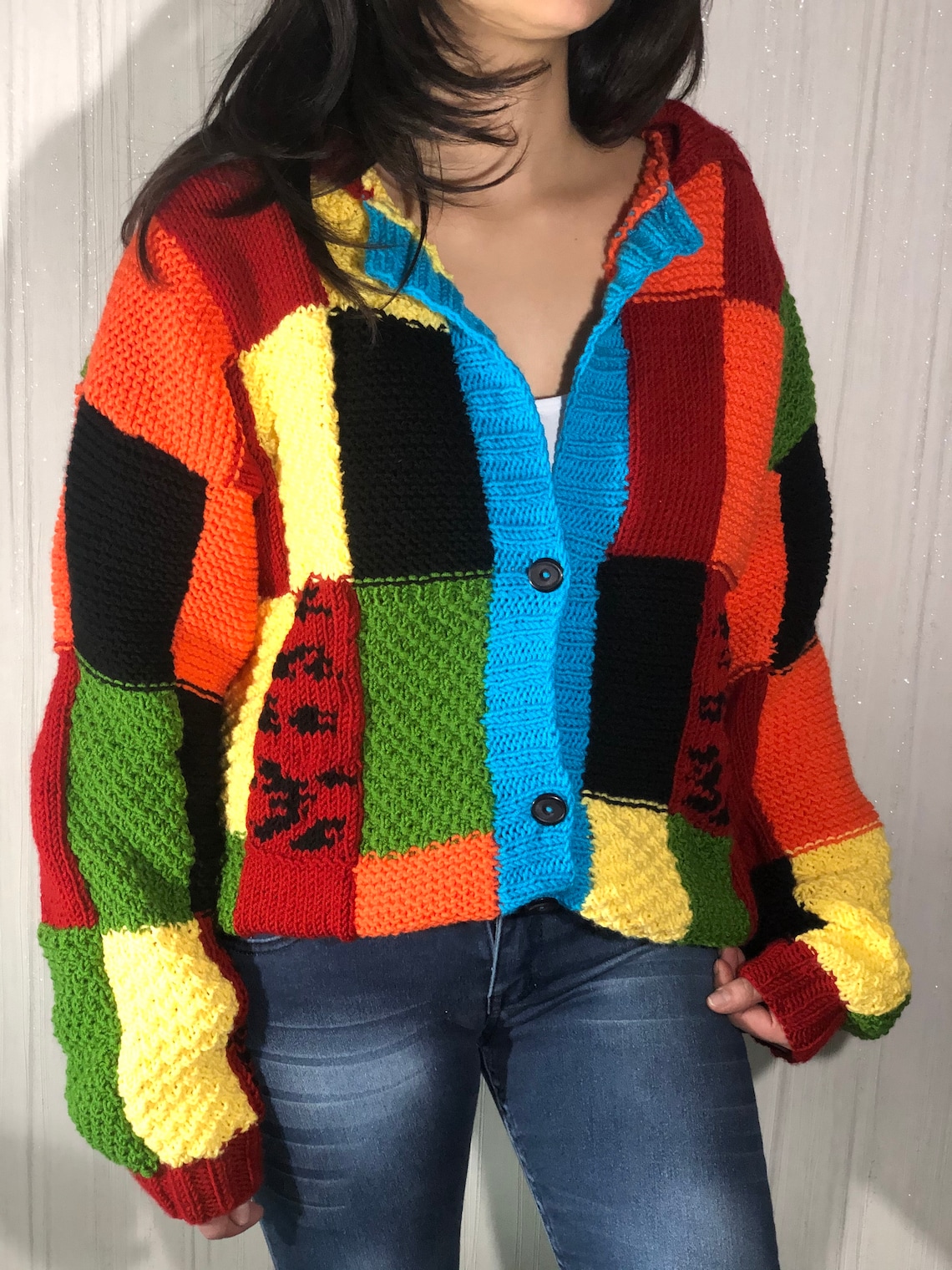 Harry Styles Cardigan Sweater jw Block Patchwork Handknitted Etsy