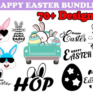 May include: A digital download of 70+ Easter-themed designs featuring bunnies, eggs, and the words "Happy Easter". The designs are in black and white and are perfect for crafting, scrapbooking, or creating digital projects.