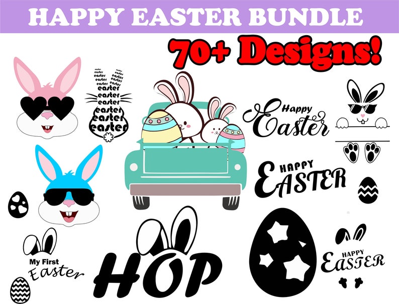 May include: A digital download of 70+ Easter-themed designs featuring bunnies, eggs, and the words "Happy Easter". The designs are in black and white and are perfect for crafting, scrapbooking, or creating digital projects.