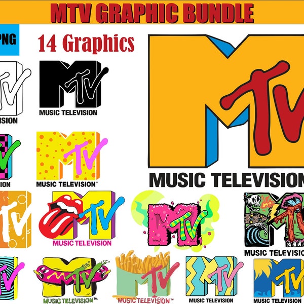 Mtv Bundle SVG, PNG cricut listo, archivos cortados, archivo vectorial digital / 14 diseños retro M tv, Music Television, 80's, 90's tv, archivos listos para bricolaje