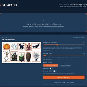 Peut inclure: Une interface numérique intitulée SEPARATOR présentant une grille de dix illustrations sur le thème d'Halloween, dont une citrouille, un fantôme, un chat noir, une sorcière, une chauve-souris, un squelette, un manoir, un chaudron, un cercueil et une toile d'araignée.