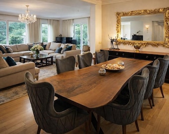 Solid Walnut Live Edge Dining Table, Mid Century Customizable Wood Slab