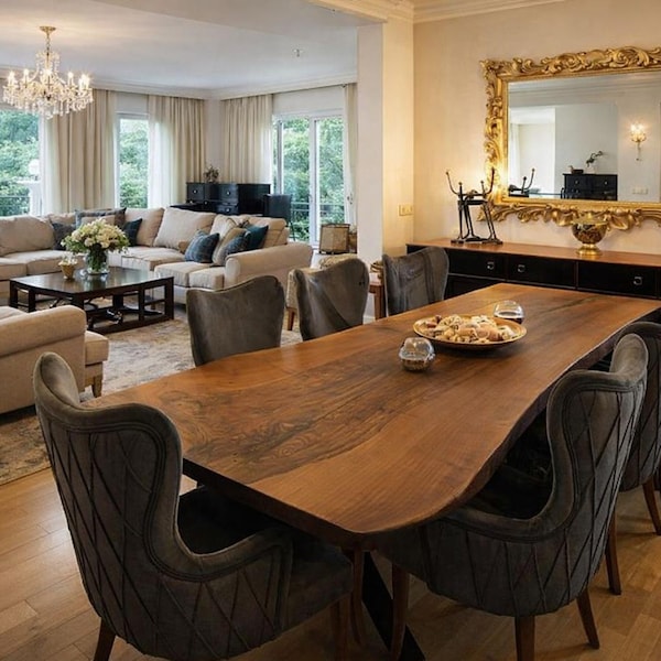 Solid Walnut Live Edge Dining Table, Mid Century Customizable Wood Slab