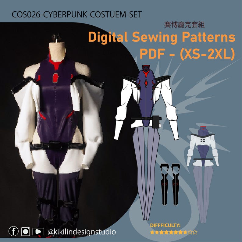 Cyberpunk Bodysuit & Jacket Pattern | 3-Piece Cosplay Set PDF (XS-2XL) | Sci-Fi Costume Sewing Video Tutorial image 1