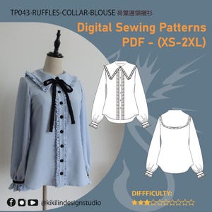 Cartamodello per camicetta con volant stile vampiro / Camicia gotica con colletto da marinaio PDF (XS-2XL) / Istruzioni grafiche passo passo / Formato A4 e A0 per plotter