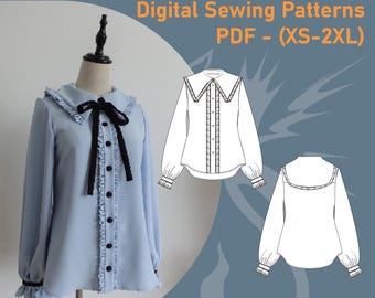 Vampire Idol Ruffle Blouse Pattern | Gothic Sailor Collar Shirt PDF (XS-2XL) | Step-by-Step Graphic Instructions | A4 N A0 Plotter