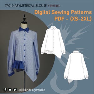 May include: A blue and white striped asymmetrical blouse with a blue collar and ruffle detail. The image includes a line drawing of the blouse and text that reads "Digital Sewing Patterns PDF - (XS-2XL)".