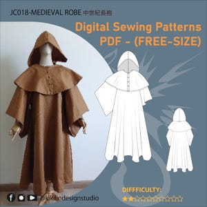 Modello di cucito per abito medievale / Mantello da monaco con cappuccio e mantello PDF GRATUITO / Costume fantasy digitale per principianti