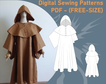 Medieval Robe Sewing Pattern | Monk Cloak with Hood & Cape FREE SIZE PDF | Beginner Fantasy Costume Digital