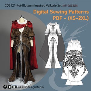 May include: A brown and red Valkyrie-inspired costume on a mannequin, with a matching red cape. Digital sewing patterns are also shown, with the text "Digital Sewing Patterns PDF - (XS-2XL)" and the text "COS121-Rot-Blossom Inspired Valkyrie Set".