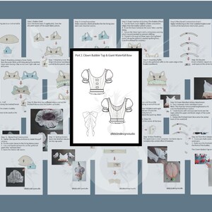 May include: A detailed instructional guide for creating a clown bubble top and giant waterfall bow. The guide features diagrams and step-by-step instructions, with the text "ekkindesignstudio" visible. The design is on a blue background.