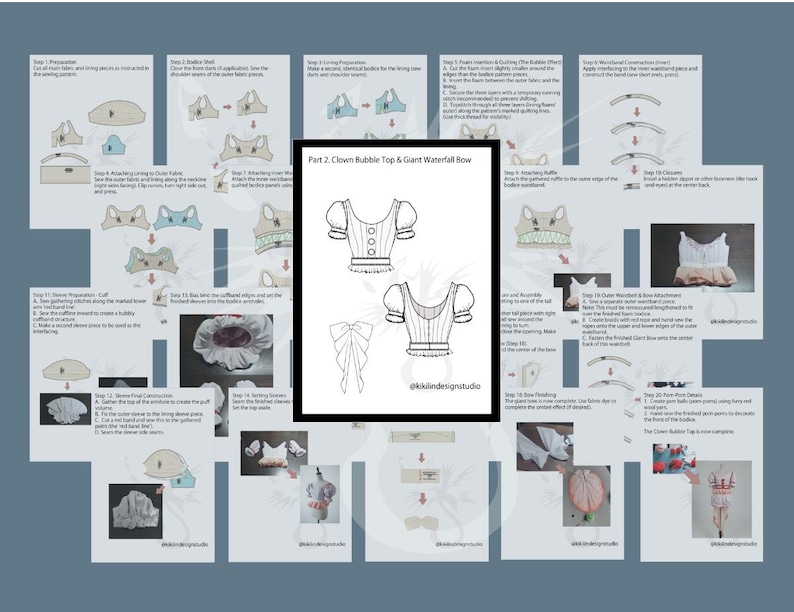 May include: A detailed instructional guide for creating a clown bubble top and giant waterfall bow. The guide features diagrams and step-by-step instructions, with the text "ekkindesignstudio" visible. The design is on a blue background.