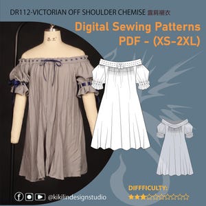Patrón de camisola victoriana con hombros descubiertos / Vestido interior para principiantes (PDF, tallas XS-2XL) / Videotutorial completo incluido / Top romántico