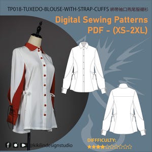 May include: A white tuxedo blouse with red accents, including the collar, cuffs, and buttons. The design features strap cuffs and a tailored fit. The image also includes a digital sewing pattern for the blouse, labeled "Digital Sewing Patterns PDF - (XS-2XL)".