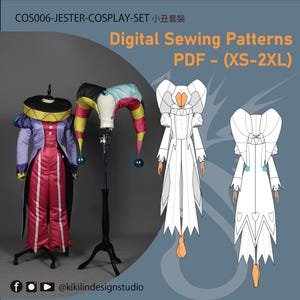 May include: A jester cosplay set featuring a purple and pink jacket with a black collar, matching trousers, and a multi-coloured jester hat with blue bells. The image includes text: COS006-JESTER-COSPLAY-SET, Digital Sewing Patterns PDF - (XS-2XL).