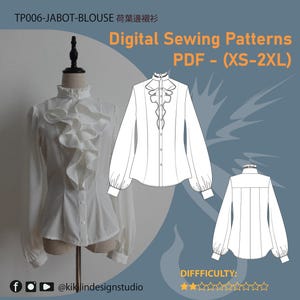 Victorian Jabot Blouse Pattern | Ruffled Dark Academia Top PDF (XS-2XL) | Beginner to Intermediate with Graphic Sewing Instructions