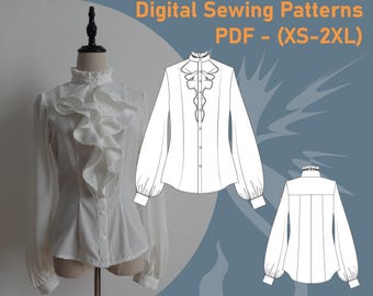 Victorian Jabot Blouse Pattern | Ruffled Dark Academia Top PDF (XS-2XL) | Beginner to Intermediate with Graphic Sewing Instructions