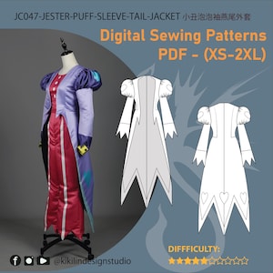 May include: A Jester-Puff-Sleeve-Tail-Jacket digital sewing pattern in sizes XS-2XL. The image displays a lavender and purple tail jacket with puff sleeves and a pink jumpsuit with white stripes, alongside a technical line drawing of the garment.