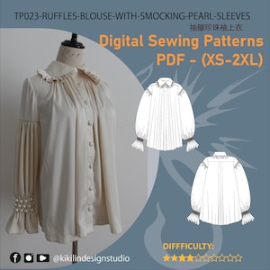 Può includere: Camicetta color crema con volant, smock e maniche di perle. La camicetta con bottoni ha un colletto rotondo. L'immagine include anche un disegno a tratto della camicetta e il testo "Digital Sewing Patterns PDF - (XS-2XL)".