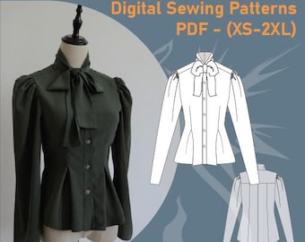 Digital Sewing Pattern | Tie-Neck Blouse (Sizes XS-2XL) | Beginner Friendly