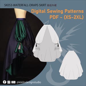 May include: A navy, emerald green, and black draped skirt design with a high-low hemline. The image shows a mannequin wearing the skirt and a technical drawing. Text on the image reads "Digital Sewing Patterns PDF - (XS-2XL)".