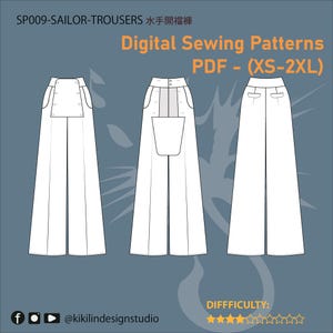 Molde de costura digital | Calça estilo marinheiro com abertura frontal (Tamanhos XS-2XL)