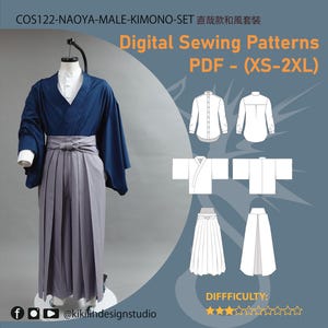 May include: A navy blue kimono set with gray hakama pants. The image includes a digital sewing pattern for the kimono set, with the text "Digital Sewing Patterns PDF - (XS-2XL)". The difficulty level is indicated by stars.