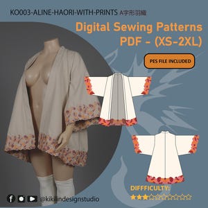 May include: A beige haori with floral print trim is displayed on a mannequin. The image includes a digital sewing pattern for the haori, available in sizes XS-2XL. The text on the image says "Digital Sewing Patterns PDF - (XS-2XL)".