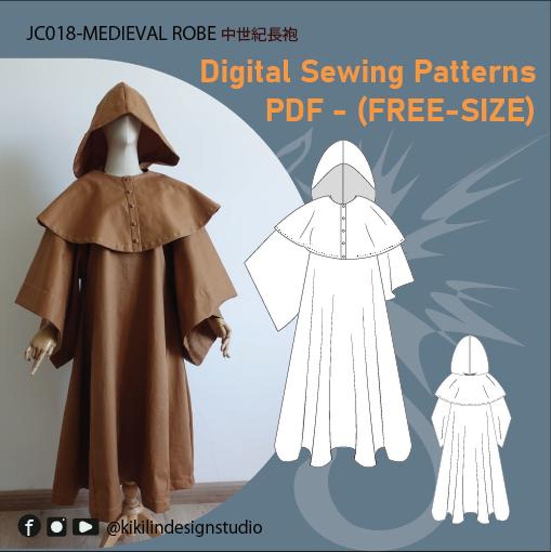 Medieval Robe Sewing Pattern | Monk Cloak With Hood & Cape FREE SIZE ...